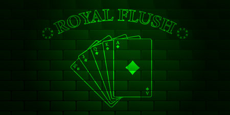Dark green brick wall with glowing text Poker and royal flush of the suit of diamonds. Vector illustration.のイラスト素材
