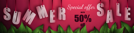 Summer sale background with beautiful green leaves. Translucent glass or plastic letters on red silk ribbons. Vector illustration.のイラスト素材