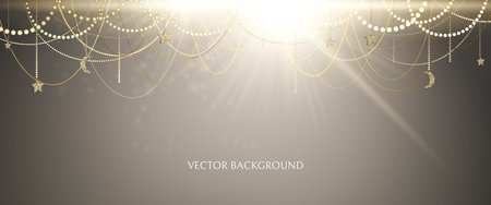 Abstract shining background. Elegant decorations with stars, the moon, many golden garlands and a big bright flash of light. Vector illustrationのイラスト素材