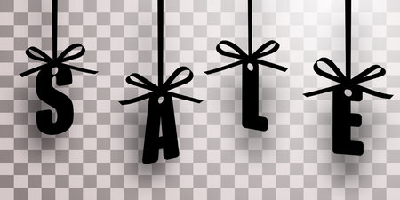 Black silhouettes of hanging letters SALE with bows. Vector illustrationのイラスト素材