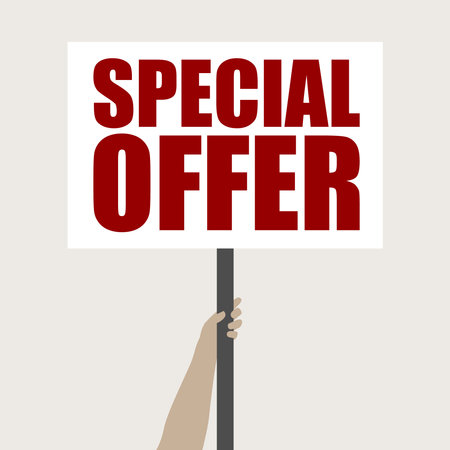 Sale banner Special offer. Silhouette of human hand holding protest sign with letters SALE. Vector illustration in flat style.のイラスト素材