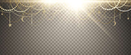 Abstract shining background. Elegant decorations with stars, the moon, many golden garlands and a big bright flash of light on a transparent background. Vector illustrationのイラスト素材