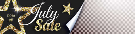 July Golden glitter Sale banner with stars and space for your image with open gift wrap paper concept. Vector illustrationのイラスト素材