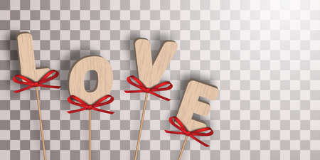 Love. Wooden letters on sticks with beautiful red bows on a transparent background. Decorative ornaments. Vector illustrationのイラスト素材