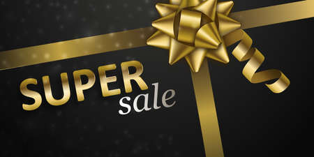 Super sale banner. Realistic golden bow and ribbon on black background. Glossy gold ornament for gift decoration. Vector illustration.のイラスト素材