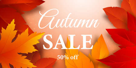 Autumn sale background with bright Realistic yellow, red, orange leaves and advertising discount text decoration. Vector illustration.のイラスト素材