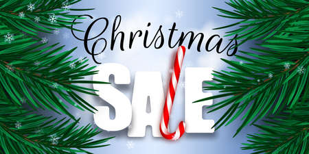 Christmas sale banner with realistic fir or pine branches, snowflakes, candy cane and advertising discount text decoration on blue background. Vector illustration.のイラスト素材