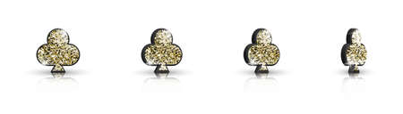 Set of 3d icons suit of clubs with golden glitter isolated on white background. The suit of playing cards is rotated at different angles. Vector symbols for casino, apps and websites or game design.のイラスト素材