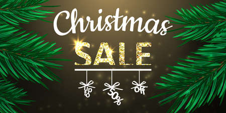 Christmas sale banner with realistic spruce or pine branches, bows, golden glitter and advertising discount text decoration on brown background. Vector illustration.のイラスト素材
