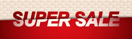 Super sale banner on beige brick wall background. Template design for posters, flyers, brochures. Vector illustrationのイラスト素材