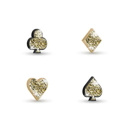 Set of 3d icons suits of playing cards with golden glitter isolated on white background. Vector symbols for casino, apps and websites or game designのイラスト素材