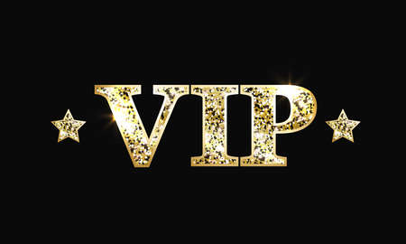 Golden glittering vip text with stars on black background. Very important person. Luxury vector designのイラスト素材