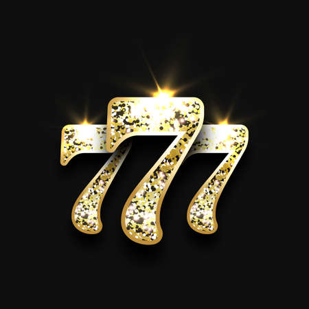 Three golden glittering sevens on black background. Luxury casino banner Big win slots 777. Vector illustrationのイラスト素材