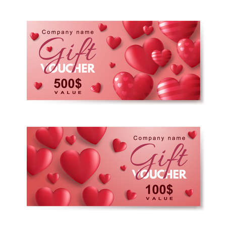 Set of gift vouchers with red 3d hearts. Template for a festive gift coupon, invitation and certificate. vector illustrationのイラスト素材