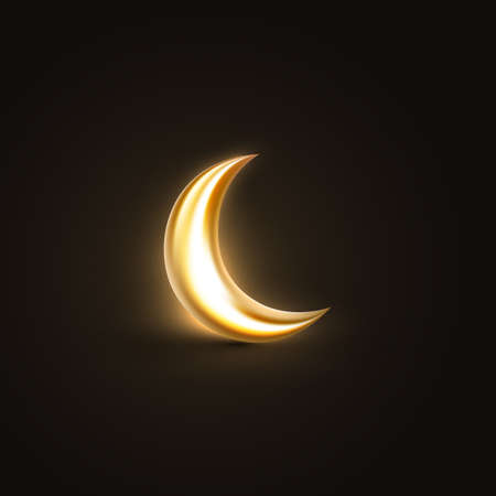 3d golden crescent moon with a bright glow on black background. vector illustrationのイラスト素材