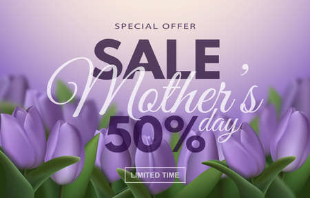 special offer. Mother's day sale banner with realistic tulip flowers and advertising discount text decoration. vector illustrationのイラスト素材