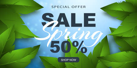 Spring sale banner with green leaves on a blue background. vector illustrationのイラスト素材