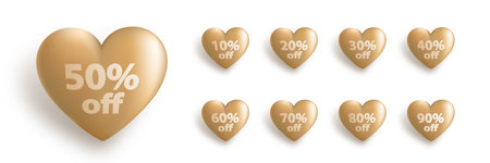 3d hearts icon set with tag 10, 20, 30, 40, 50, 60, 70, 80, 90 percents off. Heart shapes with different discount set isolated on white background. vector illustrationのイラスト素材