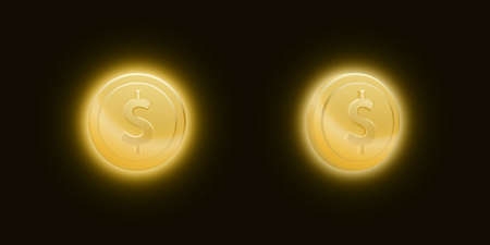 Set of gold dollar coins with a bright glow on dark background. vector illustrationのイラスト素材