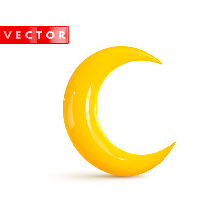 Glossy yellow 3d crescent moon realistic style rendering. Yellow cartoon plastic icon crescent moon isolated on white background. Vector illustrationのイラスト素材