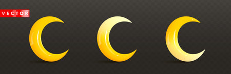 Set of glossy yellow 3d crescents realistic style rendering. Yellow plastic icon moons on transparent background. Decorative 3d elements for Muslim holidays. Vector illustrationのイラスト素材