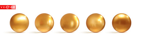 Set of golden 3d spheres ball realistic style. Golden glossy beads isolated on white background. 3d elements for design. Vector illustrationのイラスト素材