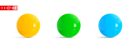 Set of glossy colorful 3d spheres ball realistic style rendering. Cartoon plastic balls isolated on white background. Vector illustrationのイラスト素材