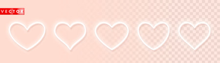 Set of white neon glowing heart icons of different shapes for light backgrounds. Design elements for Valentine's Day. Minimal style. Vector illustrationのイラスト素材