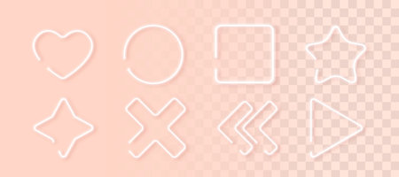 Set of white neon simple geometric shapes for light backgrounds. Collection of glowing frames isolated on transparent backdrop. Minimal style. Vector illustrationのイラスト素材