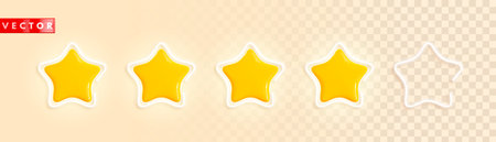 Five glossy golden 3d stars with white neon frames in realistic style. Symbol design for game, ui, feedback, website. Rating concept. Yellow plastic stars on a light background. Vector illustrationのイラスト素材