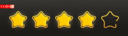 Five glossy golden 3d stars with neon frames in realistic style. Symbol design for game, ui, feedback, website. Rating concept. Yellow plastic stars on dark background. Vector illustrationのイラスト素材