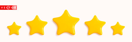 Five glossy golden 3d stars realistic style. Symbol icon design for game, rating, ui, feedback, website. Yellow plastic stars isolated on white background. Vector illustrationのイラスト素材