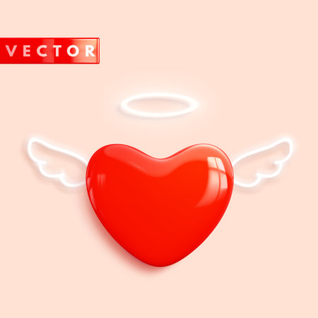 Glossy 3d heart icon realistic style. Red cartoon heart with white neon wings for light backgrounds. Love symbol for greeting cards, banners for Valentine's Day. Vector illustrationのイラスト素材