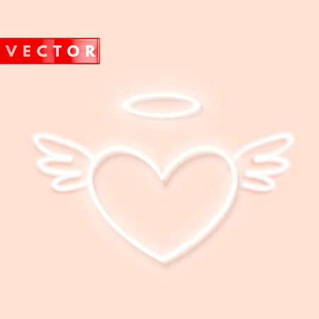 White neon glowing heart icon for light backgrounds. Heart with wings and nimbus. Design element for greeting cards, banners for Valentine's Day. Vector illustrationのイラスト素材