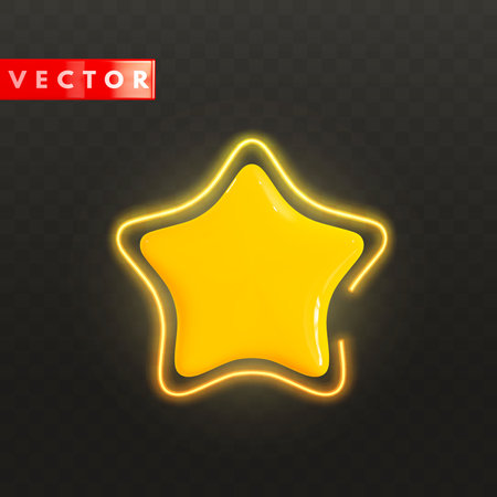 Glossy golden 3d star with neon frame in realistic style. Symbol design for game, ui, feedback, rating, website. Yellow plastic star on dark background. Vector illustrationのイラスト素材