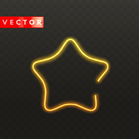 Bright yellow neon glowing star shaped frame on dark background. Symbol design for game, ui, feedback, rating, website. Vector illustrationのイラスト素材