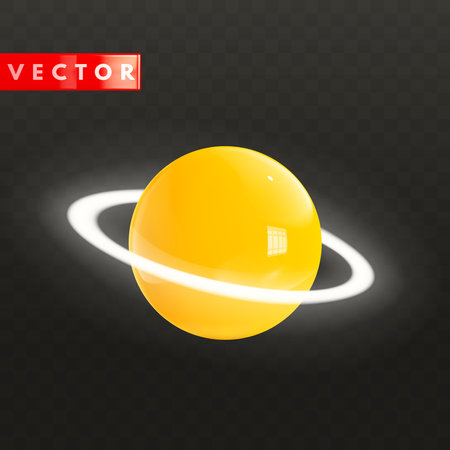 Glossy yellow 3d Saturn with white neon glowing ring around in realistic style rendering. Yellow cartoon plastic icon planet isolated on transparent dark background. Vector illustrationのイラスト素材