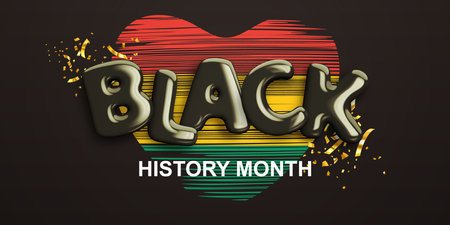 Black history month. Banner with realistic glossy 3d text against background of heart in red, yellow, green colors of Pan-African flag. African American heritage month celebration. Vector illustrationのイラスト素材