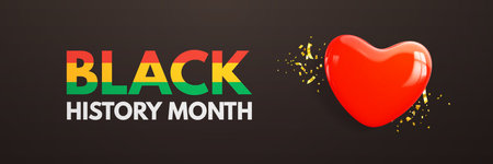Black history month. Banner with realistic glossy red 3d heart and golden confetti. African American heritage celebration concept for flyer, card and poster. National holiday. Vector illustrationのイラスト素材