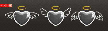 Set of retro halftone sticker hearts on torn paper. Paper cut hearts with wings on dark background. Love symbol for greeting cards, banners, poster, collages for Valentine's Day. Vector illustrationのイラスト素材