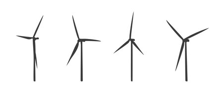 Set of black silhouettes turbine winds. Windmills for eco energy. Wind towers with vanes for producing renewable alternative natural energy isolated on white background. Vector illustrationのイラスト素材