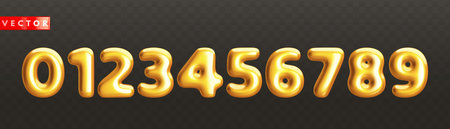Set of volumetric glossy golden 3d numbers from 0 to 9 in realistic style. Decoration elements for...