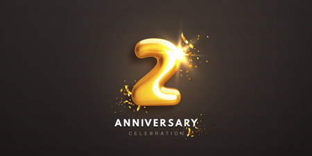 Second anniversary celebration banner. Realistic glossy 3d golden number 2 and sparkling confetti on black background. Decorative element for poster, invitation, greeting card. Vector illustrationのイラスト素材