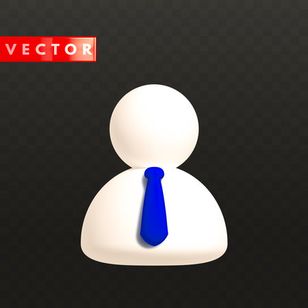 Realistic white 3d user icon. Human person symbol with blue tie in cartoon style isolated on black background. Social network profile badge, abstract business avatar for website. Vector illustrationのイラスト素材