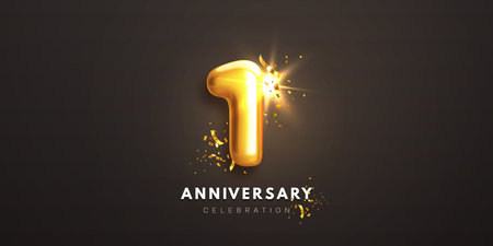 First anniversary celebration banner. Realistic glossy 3d golden number 1 and sparkling confetti on...