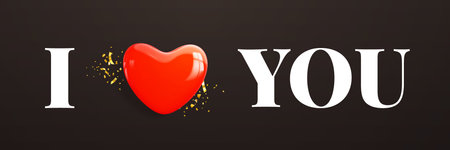 I love you. Banner with realistic decorative glossy red 3d heart and white text on black background. Love symbol for greeting cards, banners for Valentine's Day or Mother's Day. Vector illustrationのイラスト素材