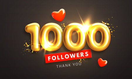 1000 followers celebration banner. Thank you 1k follower people. Glossy golden 3d numbers and red hearts in realistic style. Design for channel, group in social network. Vector illustrationのイラスト素材