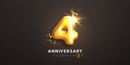 Fourth anniversary celebration banner. Realistic glossy 3d golden number 4 and sparkling confetti on black background. Greeting card for birthday or wedding anniversary. Vector illustrationのイラスト素材