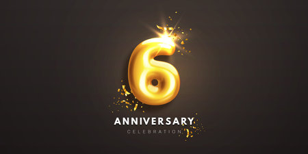 Sixth anniversary celebration banner. Realistic glossy 3d golden number 6 and sparkling confetti on black background. Event party template for poster, invitation, greeting card. Vector illustrationのイラスト素材
