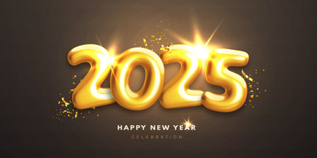 Happy New Year 2025 banner with realistic decorative glossy 3d numbers and golden confetti on black background. Festive template design for web poster, calendar, social media. Vector illustrationのイラスト素材